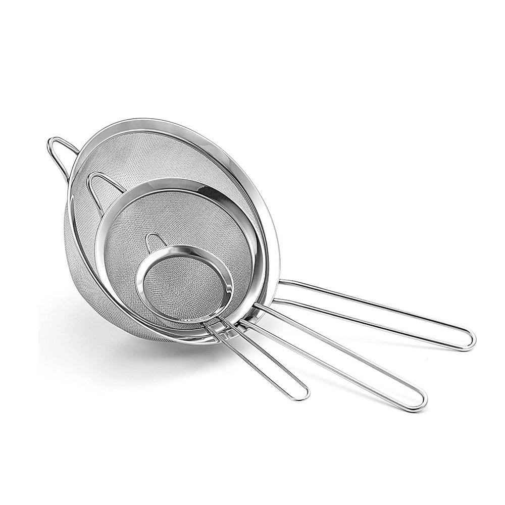 3pcs/Set Stainless Steel Flour Sifter with Handle Sieve Metal Strainer for Kitchen Rice Juice Quinoa Food Flour Baking