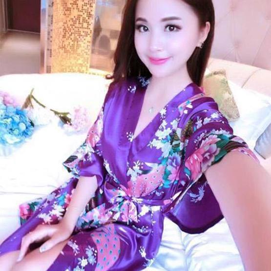 

WTEMPO женский мягкий шелковый атласный халат, платье, кимоно с цветочным принтом павлина, пижамы, кардиганы, осенние халаты средней длины XXL фиолетовый