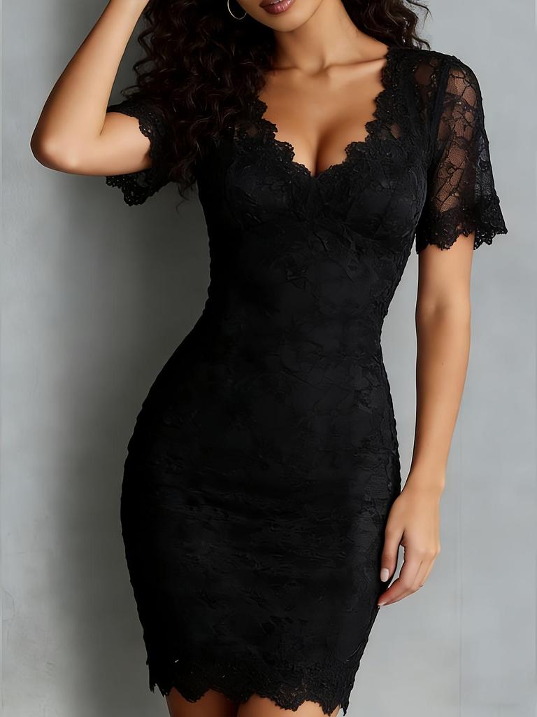 Vestido Europeo y Americano Sexy de Encaje Transparente Adelgazante con Cuello en V