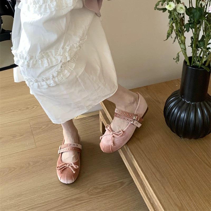 Sheepskin version~ velvet flat Mary Jane shoes women's spring new double buckle bow ballet shoes retro single shoes