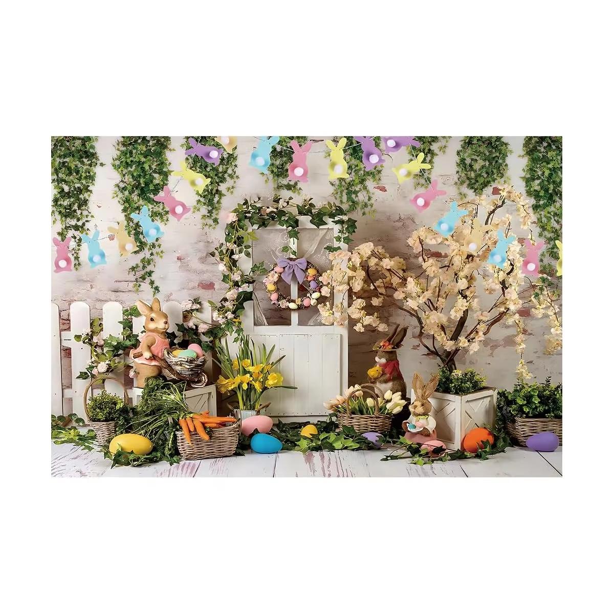 2D flat banner - 2D Easter background fabric - Easter egg - Rabbit - Flowers - Trees - Photography background - Party banner 100x150cm светло-зеленый