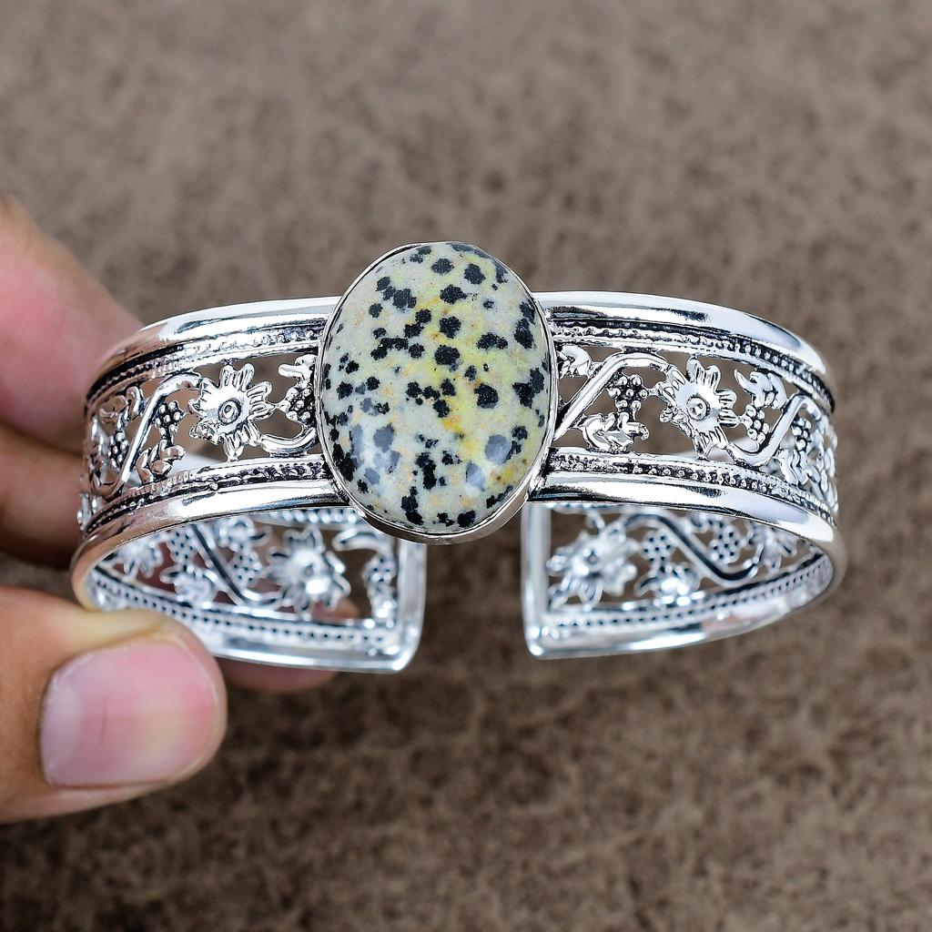 Dalmation Jasper Gemstone 925 Sterling Silver Cuff Bangle Adjustable KKG-775