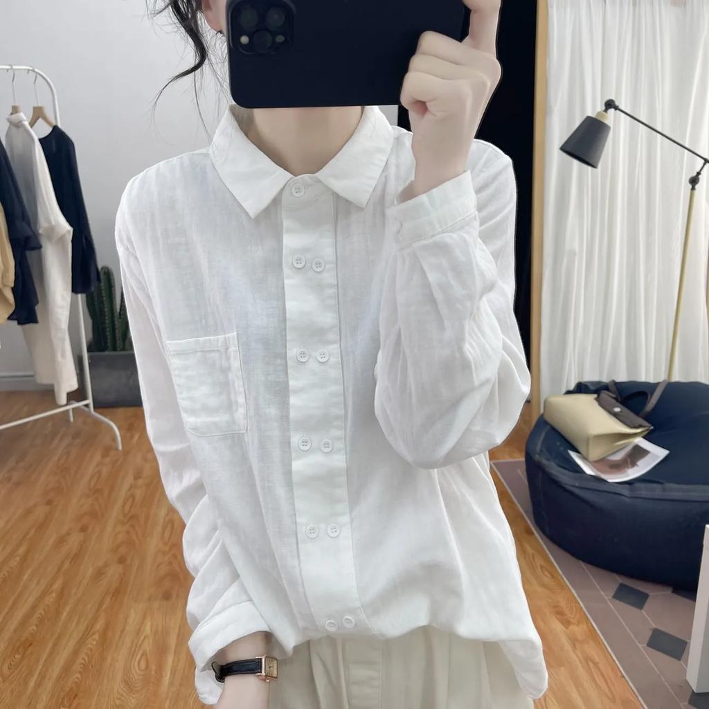 

Four Season Version Spring Autumn Women s Cotton Shirt with Long Sleeves and Polo Collar Loose Design Basic Shirt for Women Blouses XXS