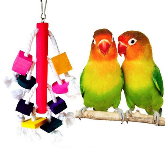 Pet Bird Parrot Wood Blocks Cotton Rope Cage Hanging Standing Play Chew Toy