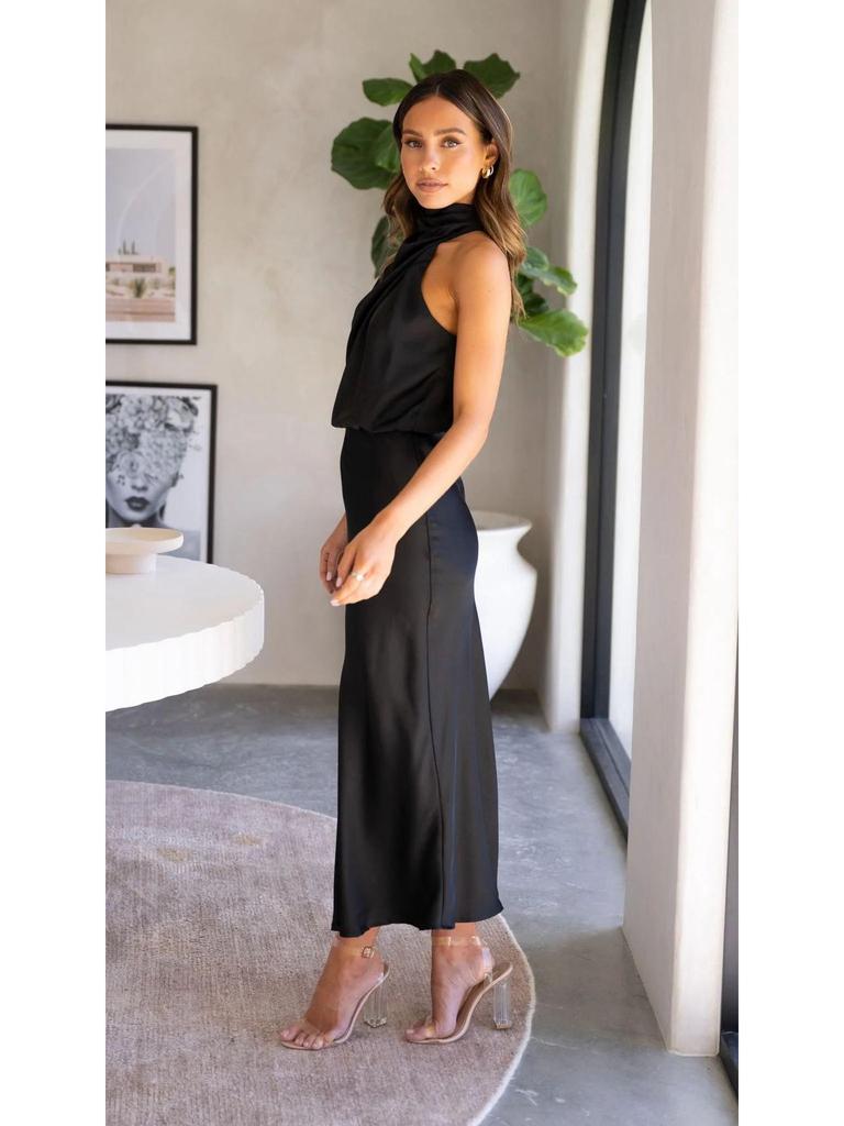 2023 Sommer Ärmelloses Neckholder Satin Kleid – Elegante Einfarbige Damenbekleidung