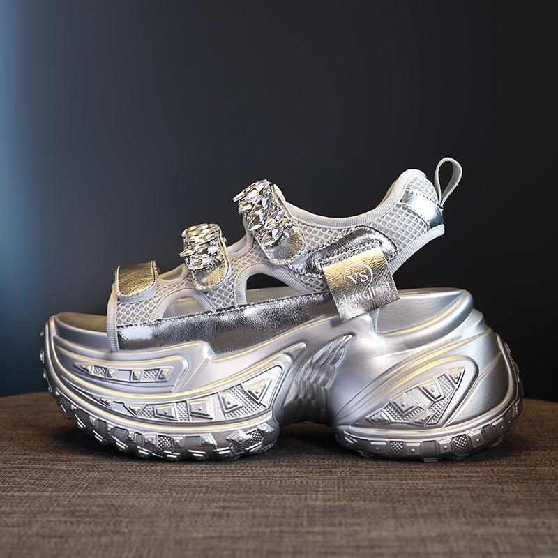 Mode 8cm Mesh Synthetikleder Klobige Sandalen Sommer Damen Plateau Keil Kristall Sportliche Sneaker Damen Gladiator Sandalen Frau