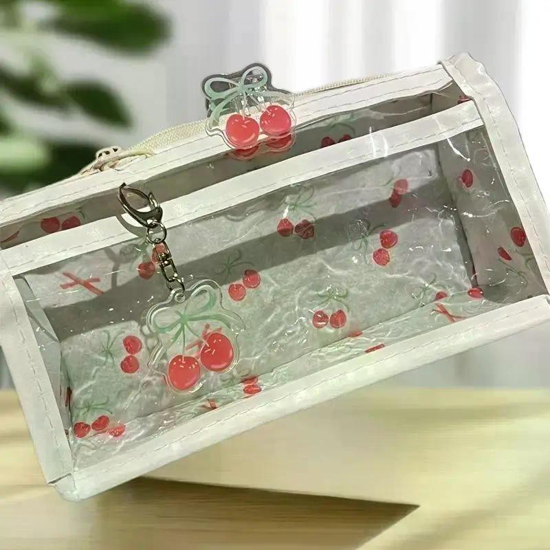 Sweet Cherry Transparent Pencil Case Large Capacity Student Stationery Zipper Pen Bag School Supplies Makeup Storage Bag