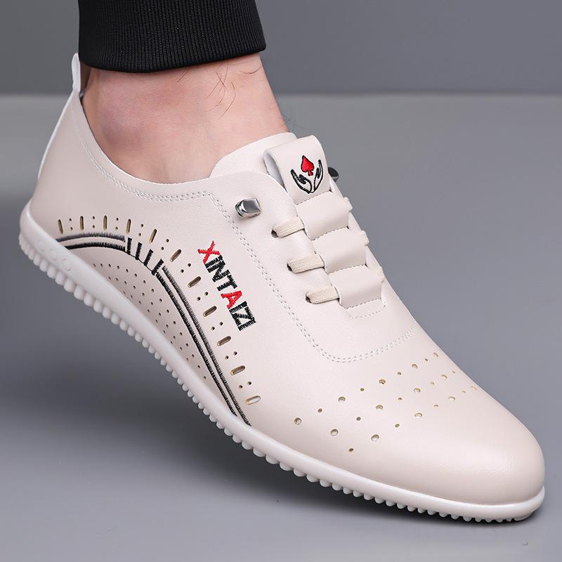 Men's White Leather Slip-On Casual Business Driving Shoes
