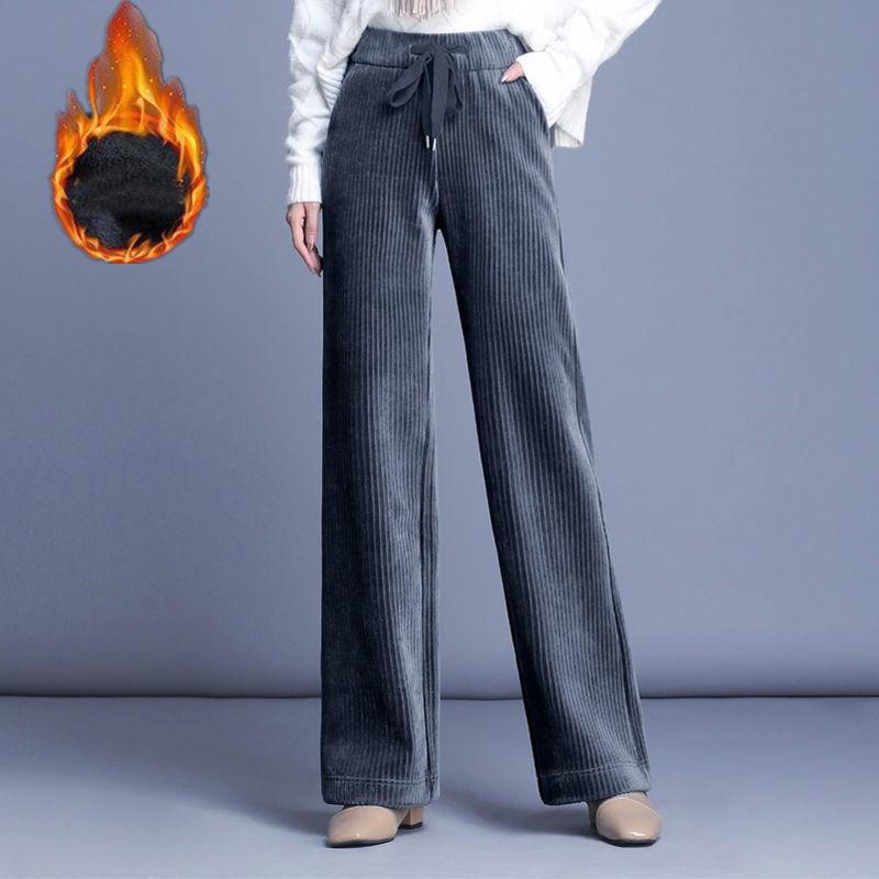 Dámské podzimní a zimní vycpané ležérní manšestrové kalhoty s vysokým pasem volné zesílené kalhoty