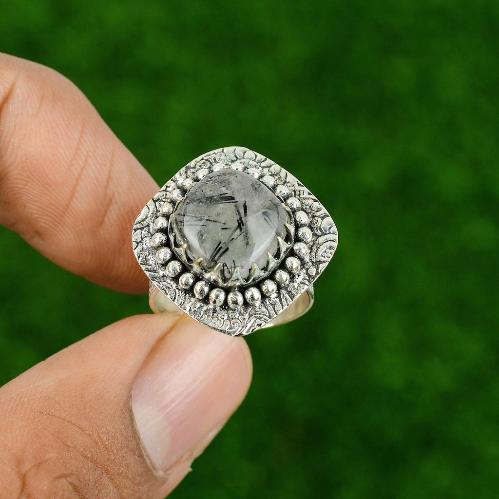 Black Rutile Gemstone 925 Sterling Silver Bezel Solitaire Daughter Ring US 6.5