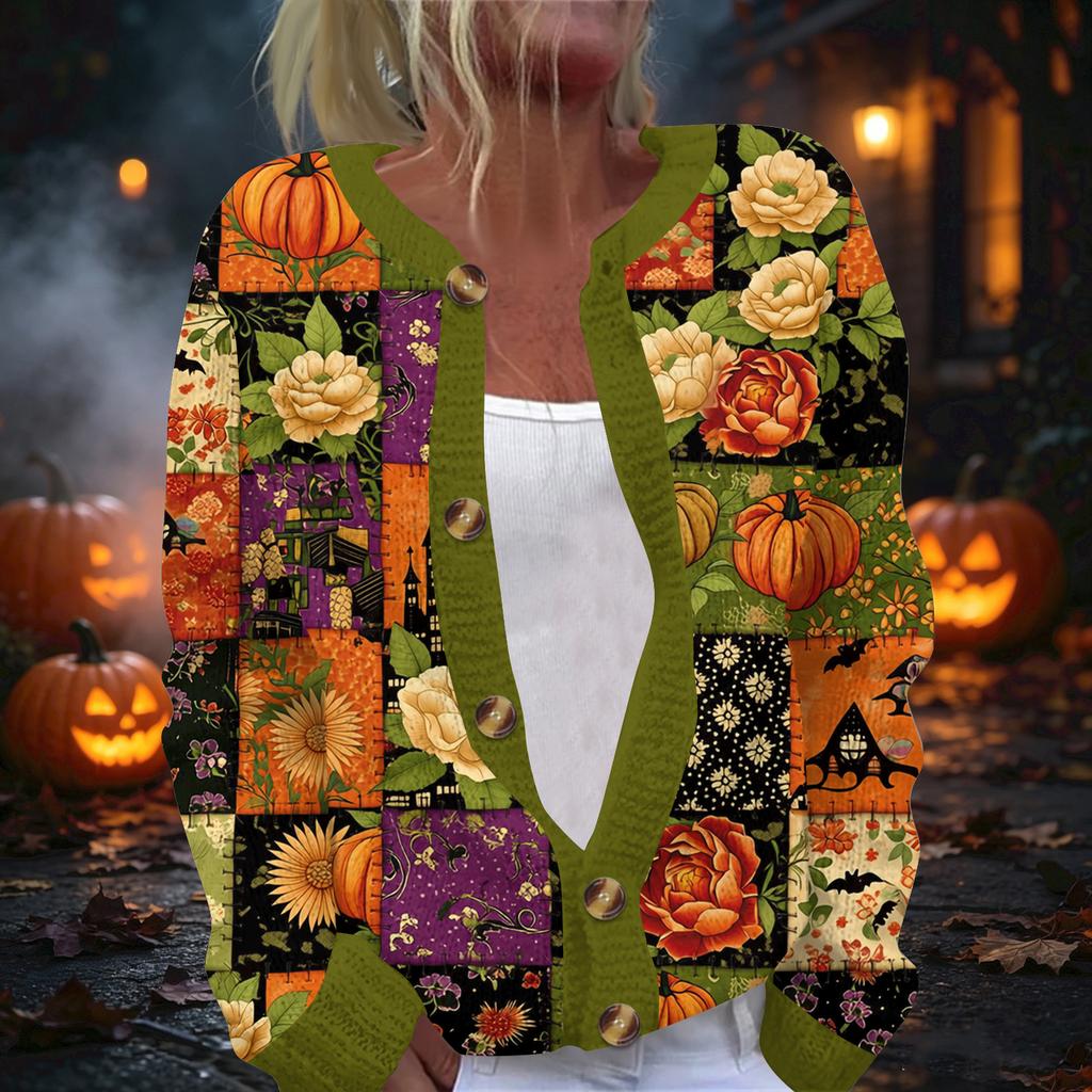 Women's Halloween Print Long Sleeve Knit Button Front Cardigan