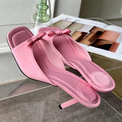 Sommermode Schleifenknoten Satin Damen Slipper Slip On Damen Sandale Dünner Hoher Absatz Outdoor Kleid Pantoletten Schuhe