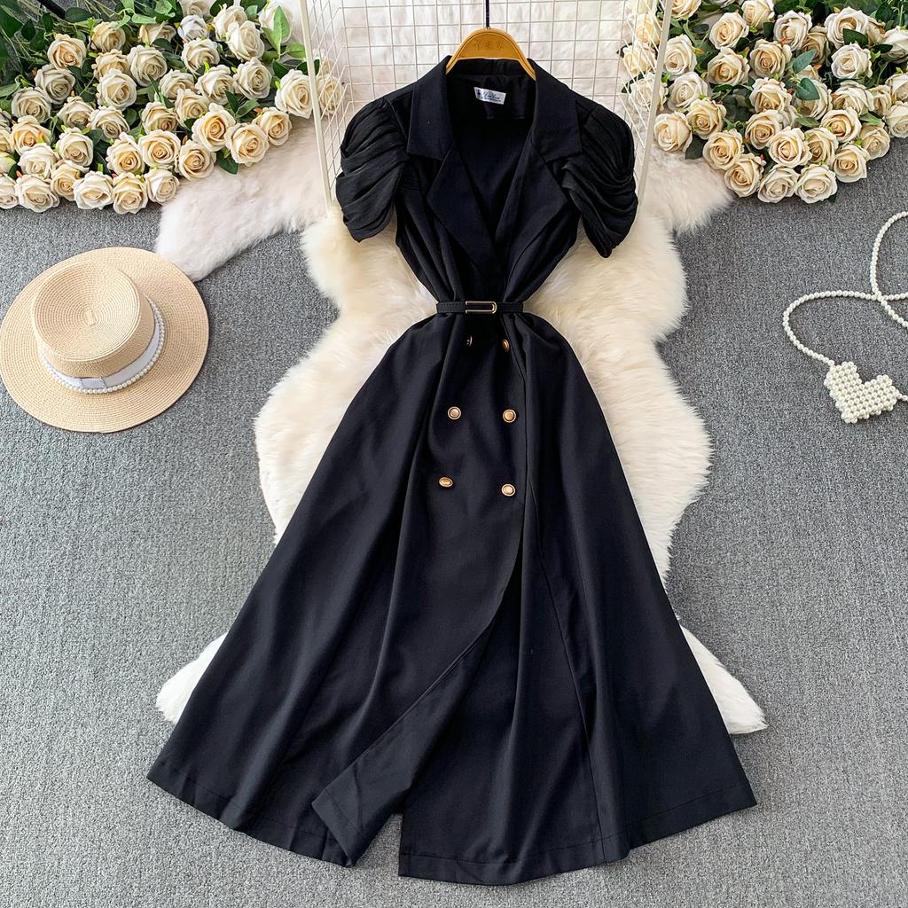 British style celebrity high-end temperament suit collar stack sleeve dress women's spring and autumn metal buckle waist medium and long dress
