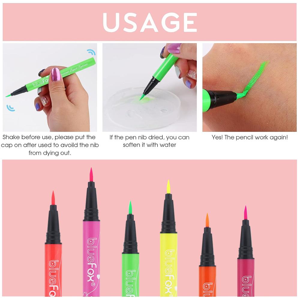 6 Stück Neon Fluoreszierender UV Glow Eyeliner, Wasserdichter Langanhaltender Bunter Flüssiger Augen-Eyeliner, Rave Party Halloween Make-up Werkzeuge