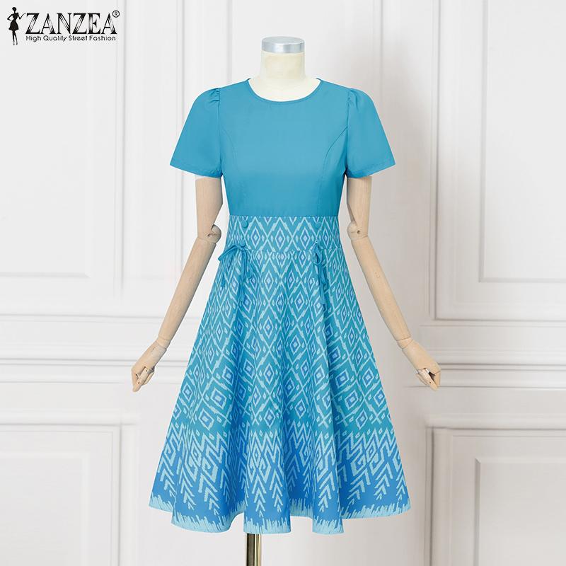 ZANZEA Women Summer Casual Round Neck Short Sleeve Patchwork Print Dres