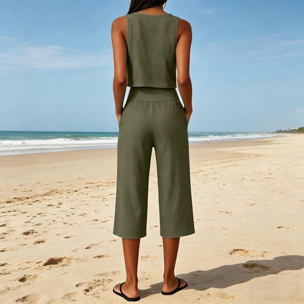 Sleeveless Crop Top and Wide Leg Pants Two Piece Set for Women Loose Fit High Waist with Pockets Casual Outfit