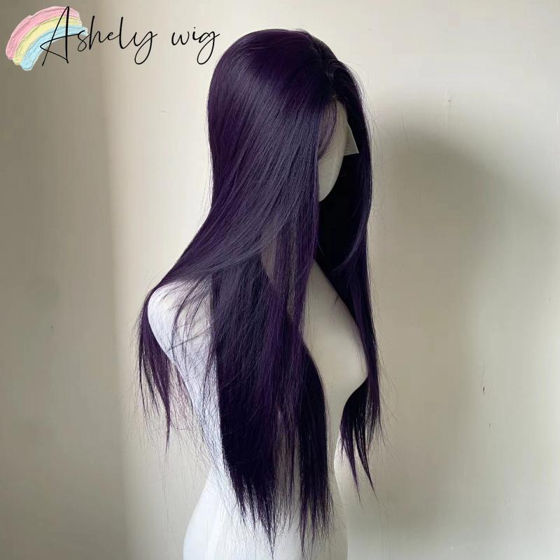 13x4 Dark Purple Wig Long Straight Purple Synthetic Lace Front Wigs for Woman Daily Use Heat Resistant Fiber Glueless Lace Wigs