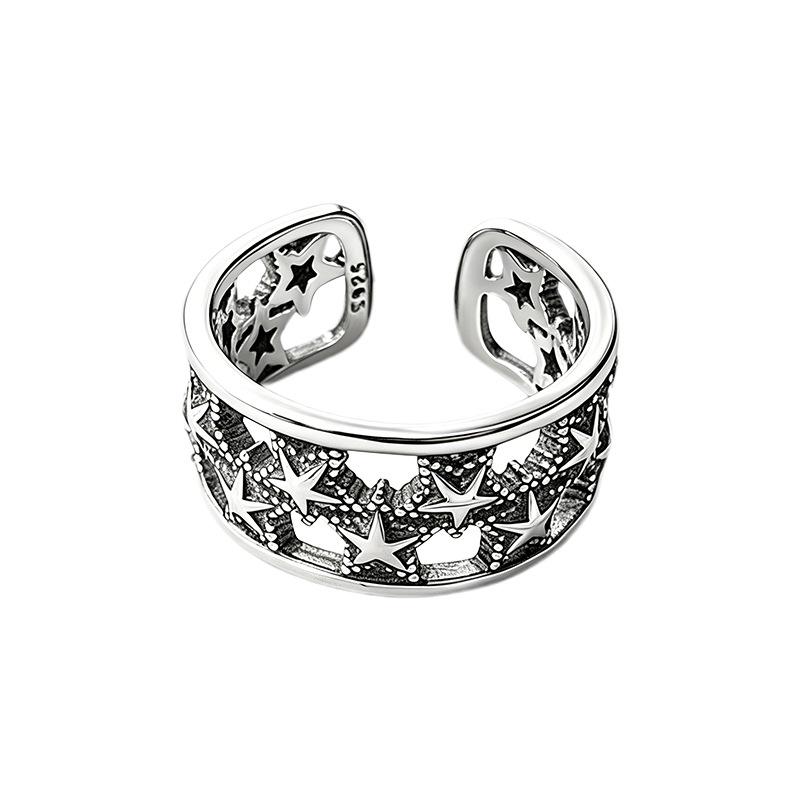 Women's 925 Silver Korean-Style Hollow Star Index Finger Ring - Fashionable Vintage European American Design