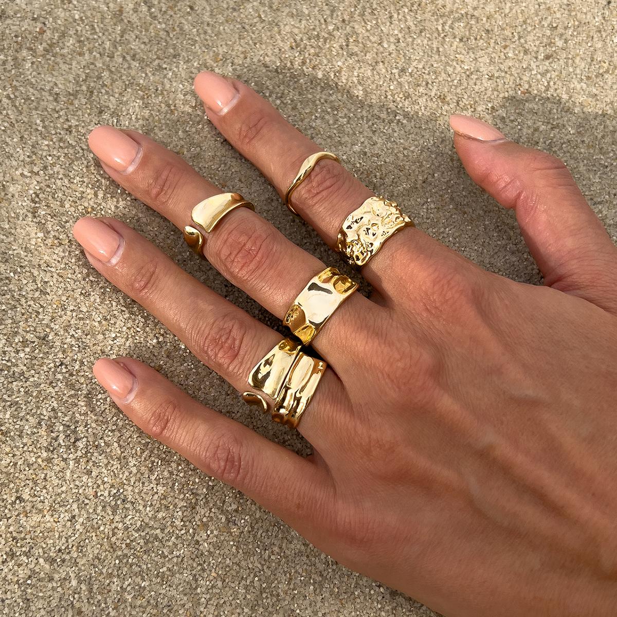

Salircon 6Pcs/Set Smooth Gold Color Open Ring Set for Women Men Irregular Adjustable Finger Ring Couple Jewelry Accessories