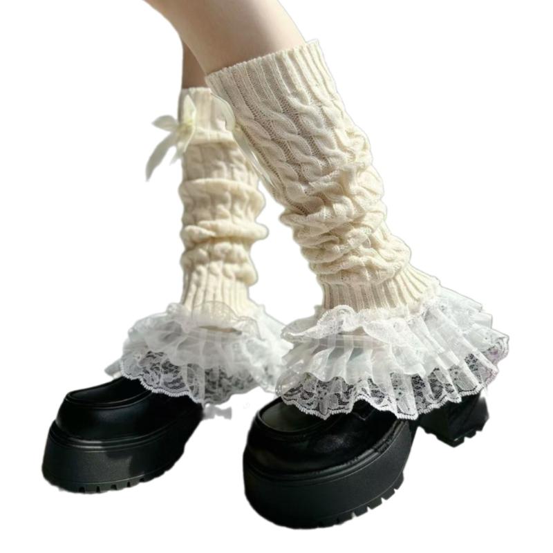 Cable Knit Leg Warmers Boot Cuffs with Bowknot Decorated Sweet Tiered Ruffled Lace Trim Leg Covers Calf Socks for Women
