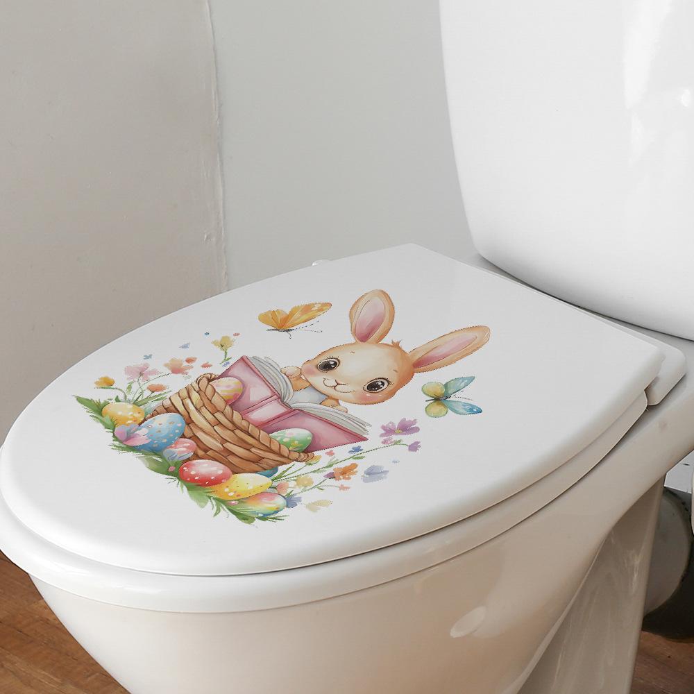Easter Bunny, Butterflies and Colorful Eggs Toilet Seat Sticker Bathroom Decor Removable Waterproof Decal
