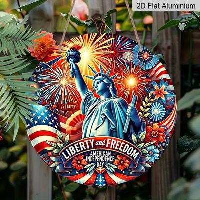 2D Flat, 1pc Vintage Patriotic Independence Day Aluminum Wall Decor - Statue of Liberty with Fireworks, American Flag Colors - Heavy-Duty Rustproof
