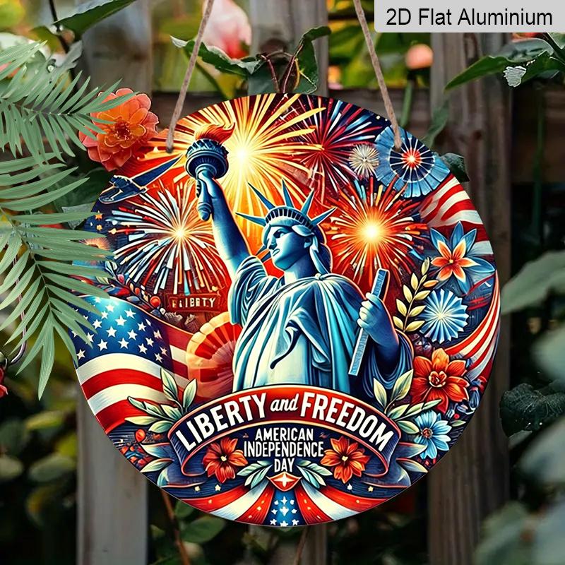 2D Flat, 1pc Vintage Patriotic Independence Day Aluminum Wall Decor - Statue of Liberty with Fireworks, American Flag Colors - Heavy-Duty Rustproof