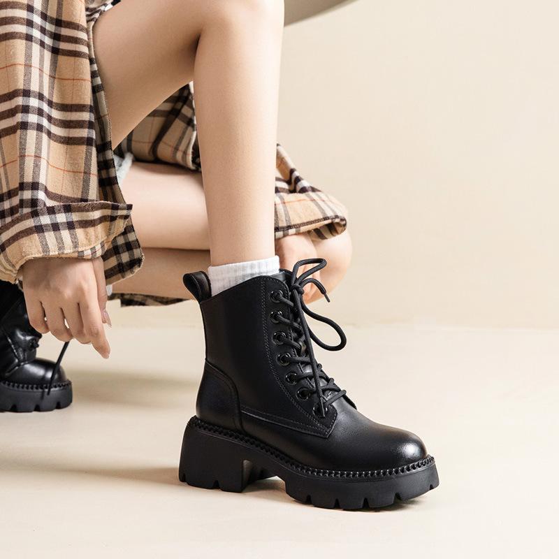 Women New Fashion Short Boots Women Cowhide Retro British Style Ankle Boots Casual Zipper High Heels Thick Soled Women Shoes