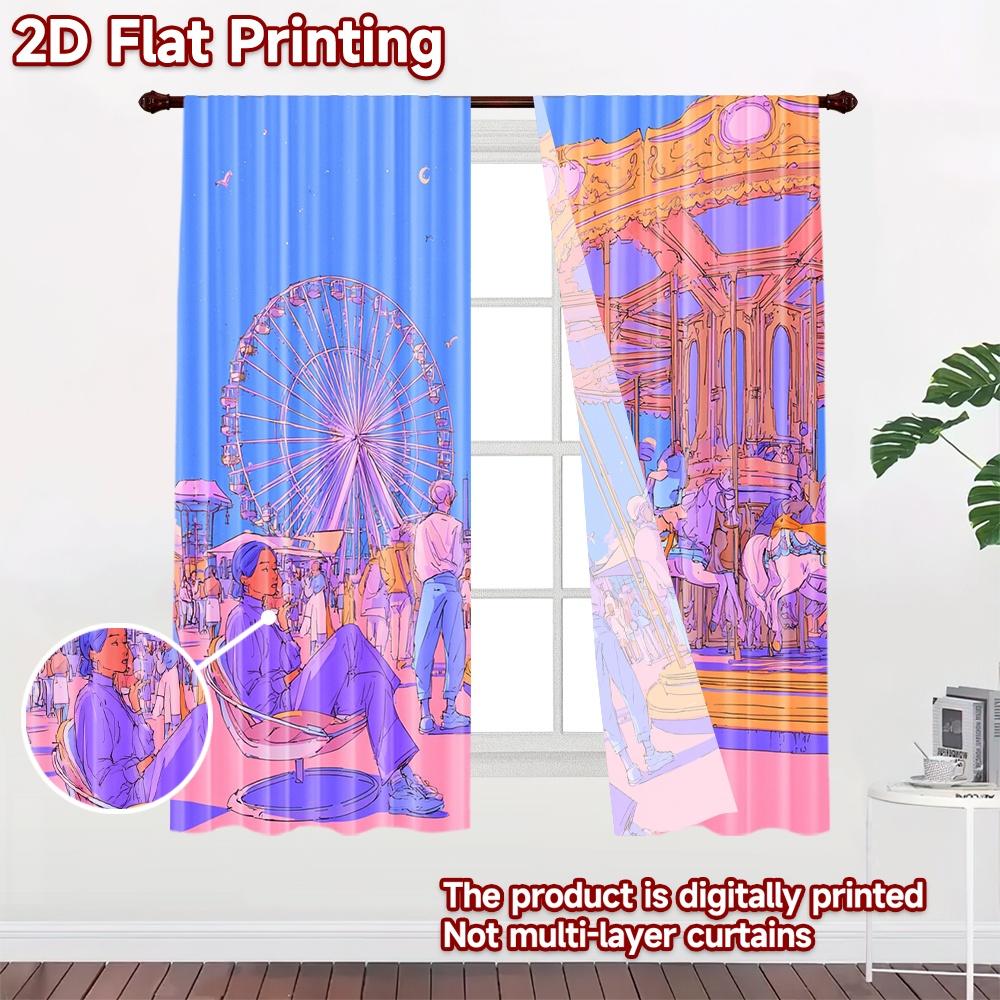 2D Flachdruck 2 Stück Szenenvorhang Vergnügungspark, Riesenrad, Karussell, Spaß, Sommer Digital Bedruckte Polyester Vorhänge Party
