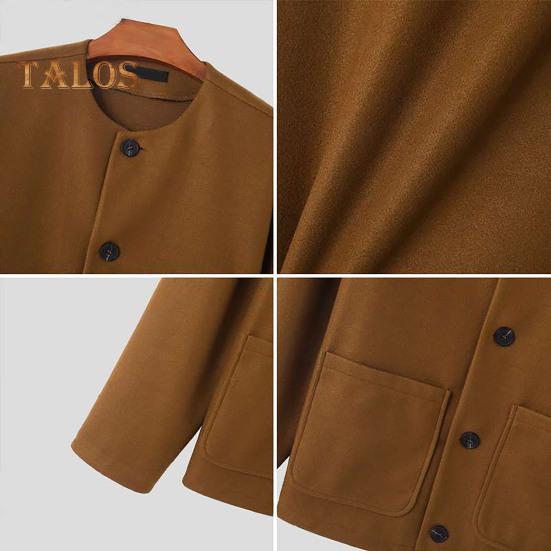 Herren Wollmantel Rundhals Langarm Einreihig Regular Fit Einfarbige Jacke mit Taschen Wintermantel