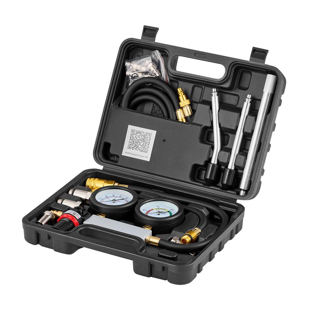 Engine Cylinder Compression Tester Kit, Pressure Gauge Range of 0-100 PSI, Automotive Leak Down Tester Kit with 4 Adapters, 2 Metal Tubes, Pressure