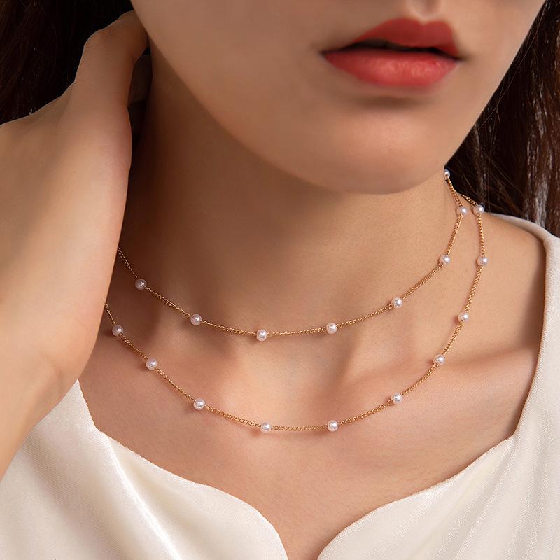 Accessories, fashion discs, simple multi-layer pearl necklaces, beaded love collarbone chains for women