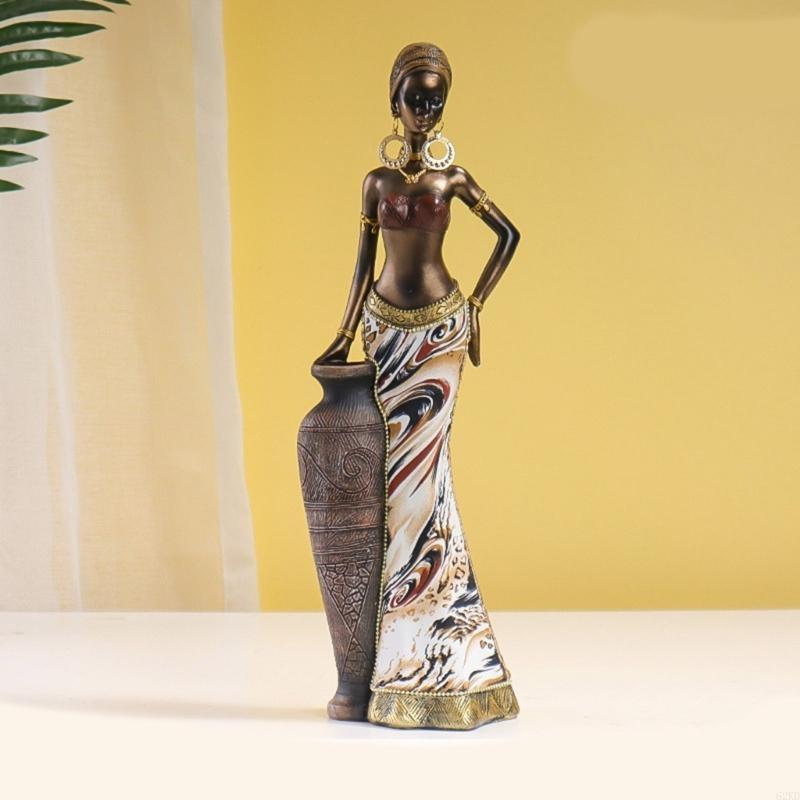 62KD African Woman Statue Retro Exotic Tribal Lady Desktop Ornament Resins Sculpture