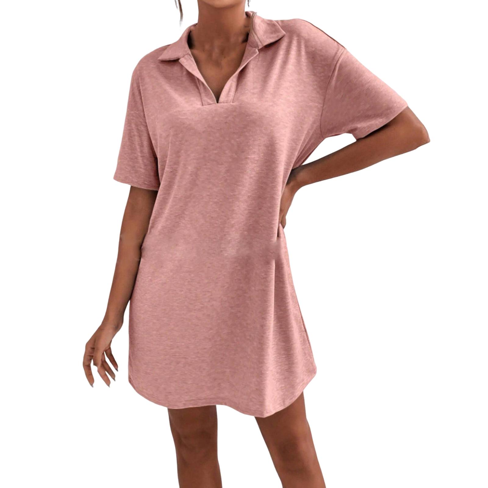 

Женское модное летнее повседневное однотонное свободное платье с V-образным вырезом и лацканами XL розовый