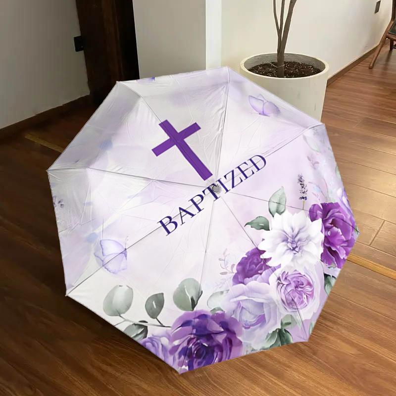 

Baptized Floral Cross Design Automatic Folding Umbrella - Purple Flowers, Butterflies, and Green Leaves - Perfect for Fans, Travelers, Daily