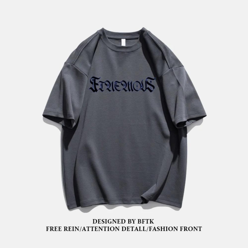 Summer Fashion Heavyweight Retro Men's English Letters 100% Cotton Printed Round Neck High-quality Casual Fitness Street T-shirt