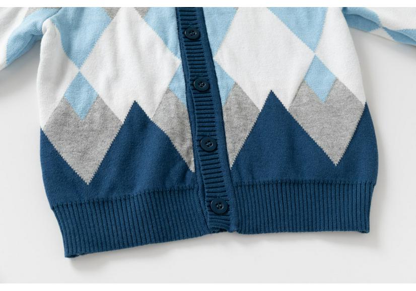 Boys' Double-Layer Cotton Yarn Knit Cardigan with Diamond Pattern - V-Neck New Style