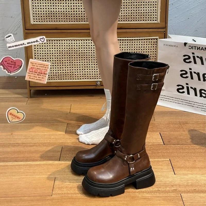 Denim Boots for Women Motorcycle Boots Retro Brown Belt Buckle Round Head High Women Boots Ladies Platform Boot Shoes for Women