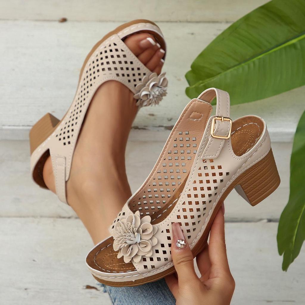 Chanclas de tacón alto florales de talla grande para mujer, nuevo estilo de verano, moda europea, chanclas con tira de tacón grueso para mujer