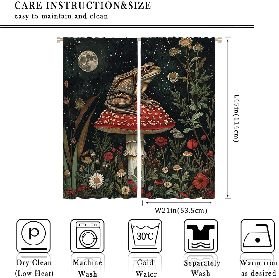 Vintage-Verdunkelungsvorhänge mit Pilz-, Frosch- und Blumenmuster im rustikalen 70er-Jahre-Aquarellstil, Frühlingsgarten-Vollmond-Print, perforiert für Wohnzimmer