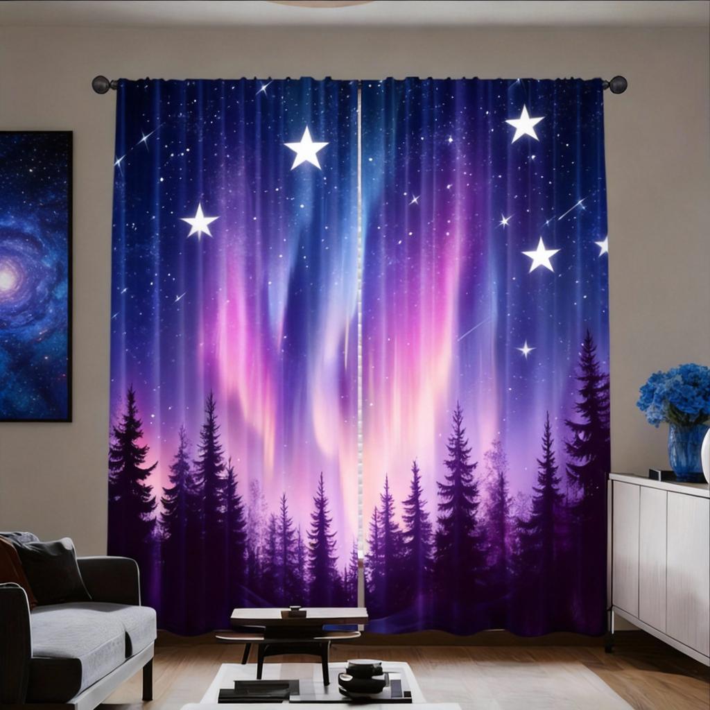 Aurora Borealis Curtains 2pcs – Colorful Northern Lights & Tree Silhouettes, Mystical Nature Art for Home Decor