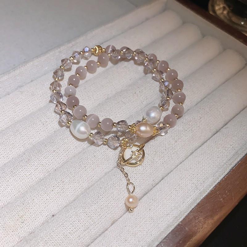 Handmade Cats Eye Stone Double Layer Bracelet With Pearl Accents Geometric Design Vintage Chic Womens Jewelry