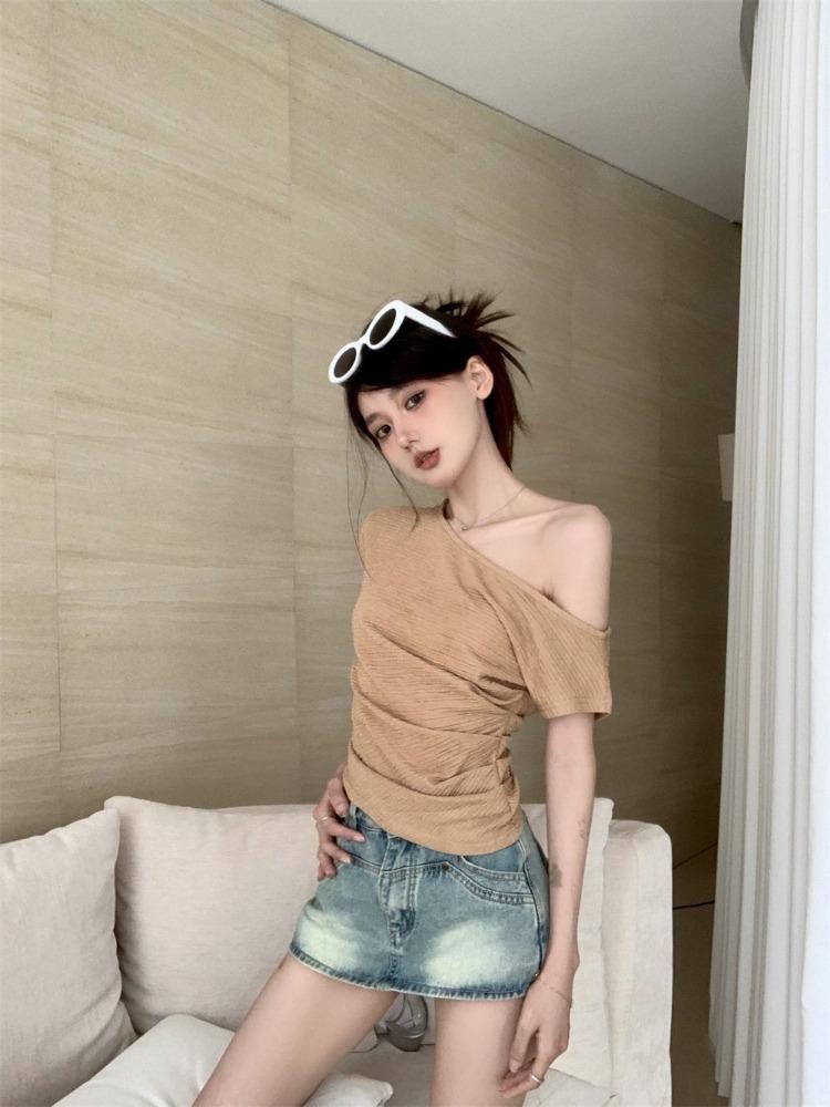 Women Summer Cropped T-Shirt Off Shoulder Sexy Slim Fit Short Sleeves Tops Fashion Sensibility Design Solid Elegant Clothing