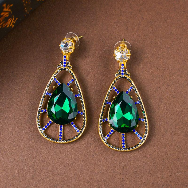 Premium Exaggerated Malachite Green Rhinestone Mixed Color Diamond Hollow Water Drop Stud Earrings