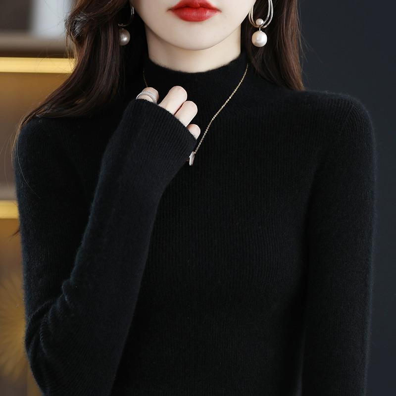 

Женский черный шерстяной свитер Ordos - Приталенный крой, Полувысокий воротник для осени/зимы 2XL