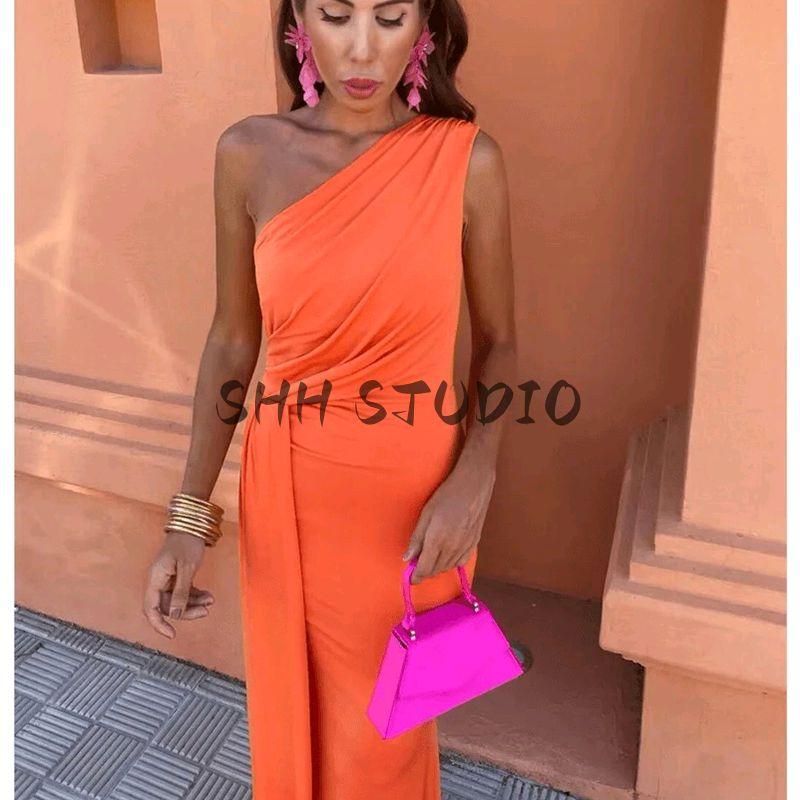 Spring and Summer Women's Clothing French Style Commute Style Ruched Decorative Diagonal Collar Sleeveless Knitting Long High Waist A- Line Dress