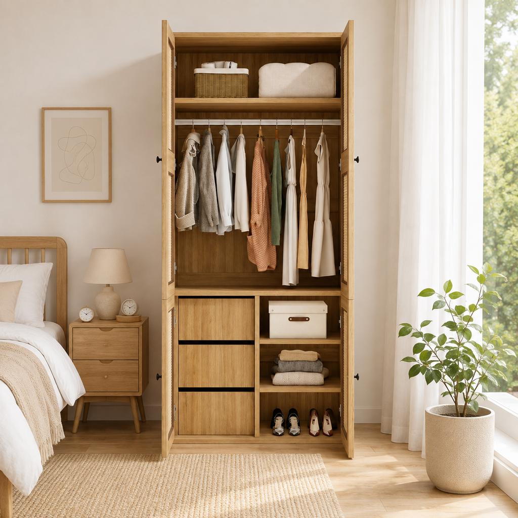Kleiderschrank mit Rattan-Geflecht, 90 x 47 x 200 cm, Drehtüren, 1 Kleiderstange, 3 Schubladen und 4 Staufächer, Schlafzimmer, Wohnzimmer und Flur