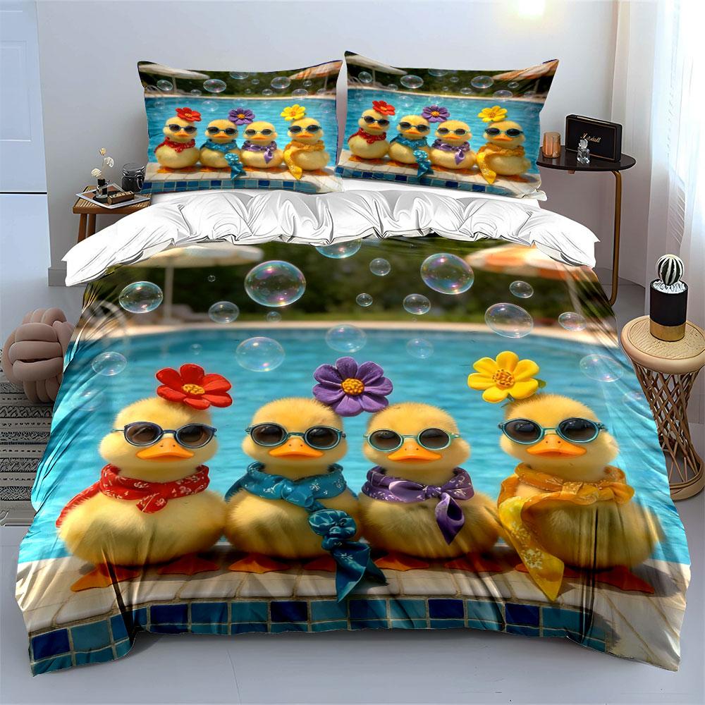 Poolside Duck Figurine Set Soft Comfortable Duvet Cover Bedding Set Included 1*Duvet Cover & 2*Pillowcases, Gift