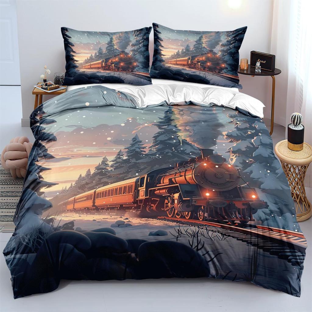 Winter Snow Train Duvet Covers For Kids Teens Queen Size Lightweight Quilt Covers Train Railway Track Bedding Set No Comforter