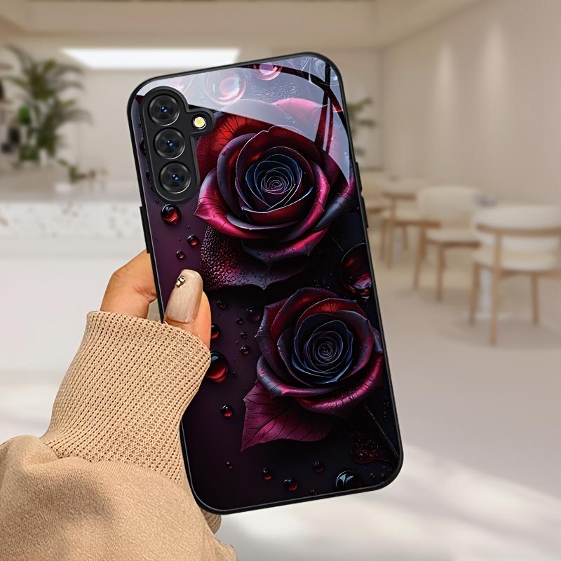Red Flower Patterned Glass Phone Case Suitable for Samsung Galaxy S26 S25 S24 S23 S22 S20 FE/Ultra/Plus Anti Drop Back Cover